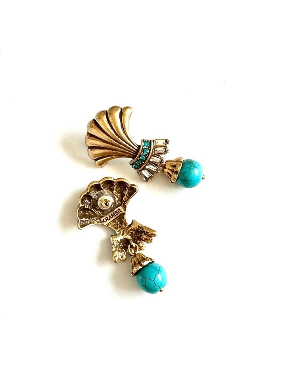 KRAMER Vintage Turquoise & Crystal Brushed Gold-Tone Shell Drop Earrings | NEW - Picture 5 of 9